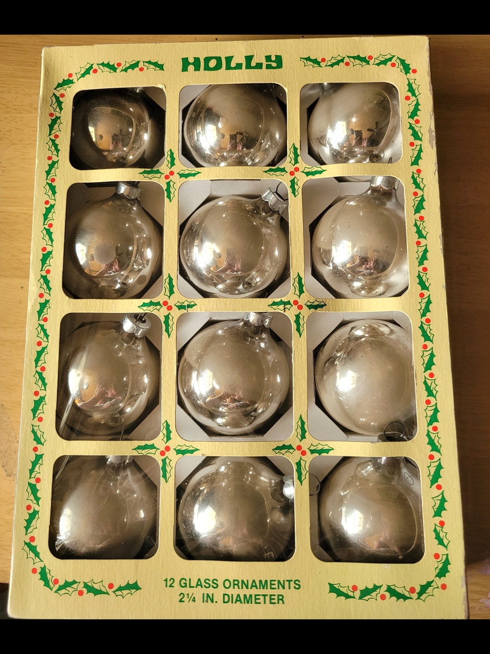 Holly Silver Glass Christmas Ornaments - Pack of 12